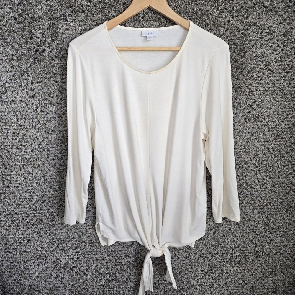 J Jill Top Womens Medium Off White Scoop Neck Long Sleeve Waist Tie Cotton Modal
